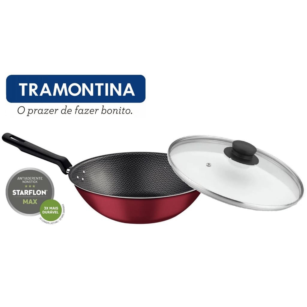 Panela Frigideira Wok Com Tampa 3,6 Litros 28cm Antiaderente Tramontina Loreto Vermelho