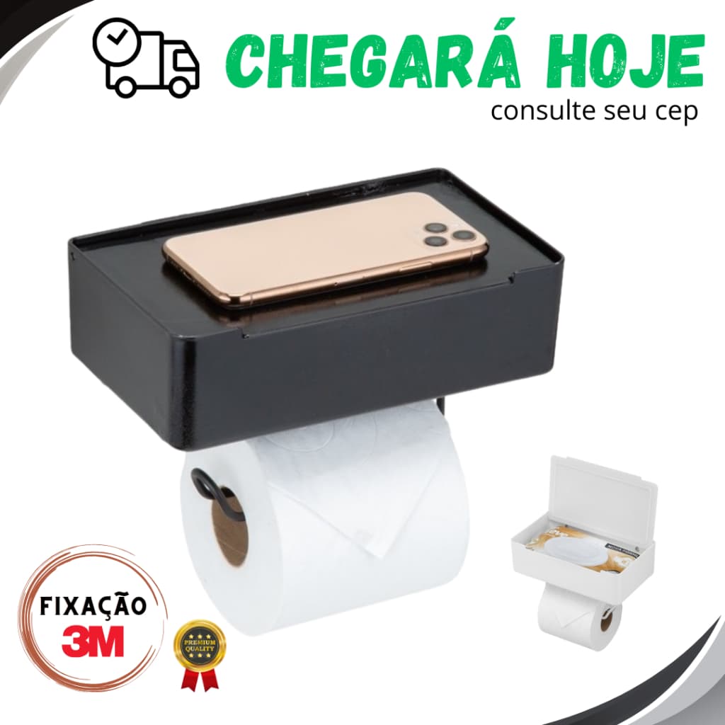 Suporte Papel Higienico e Lenco Umedecido com Porta Para Celular - Elegante e conforto - fixação 3m