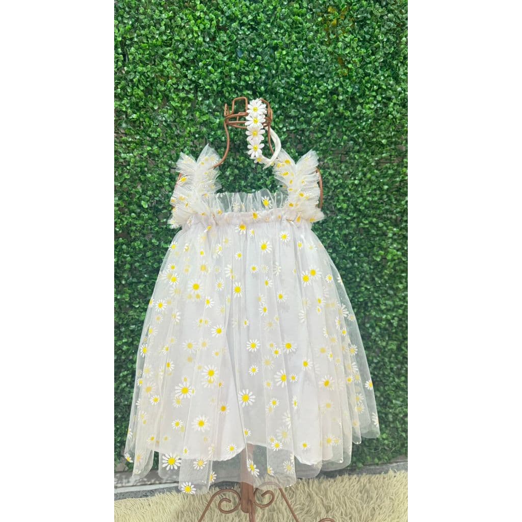 Kit Vestido e Tiara Trapézio Jardim das Margaridas Personalizada Festa Aniversario Infantil