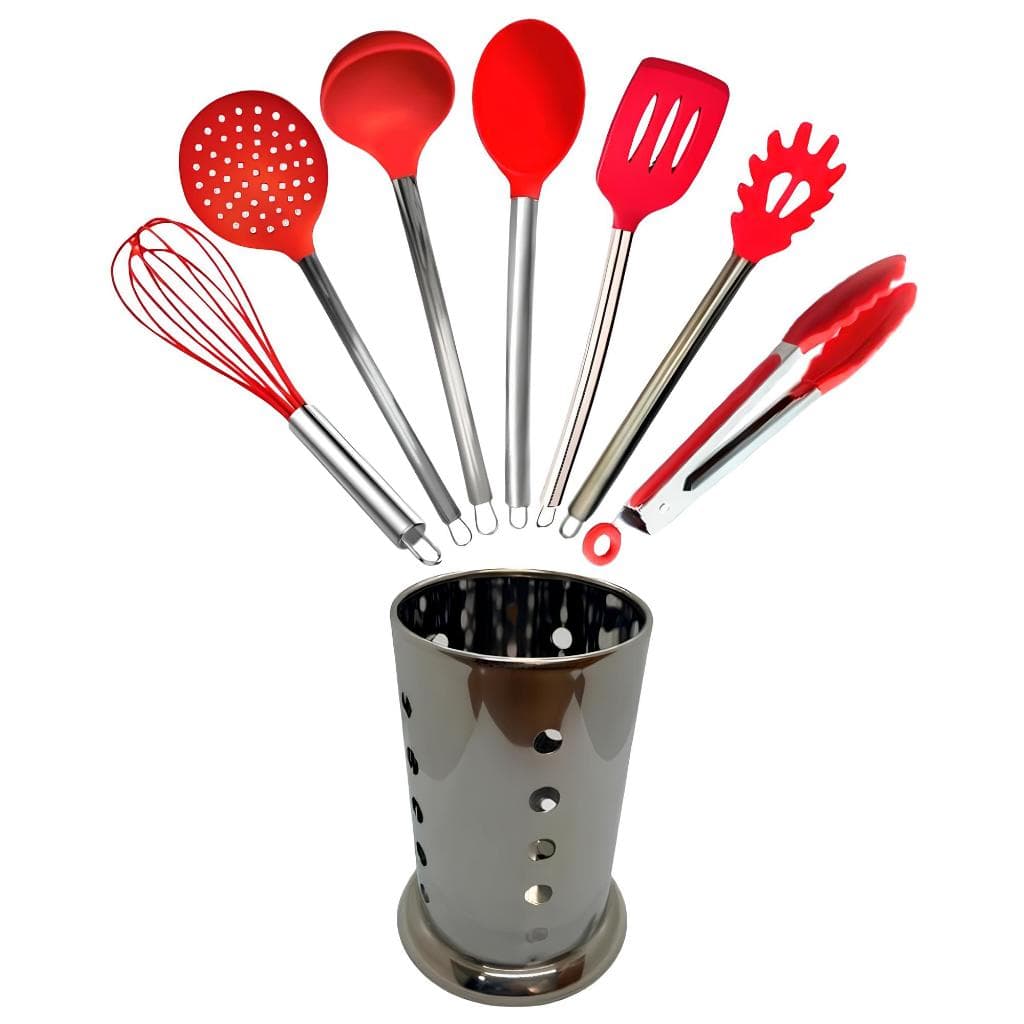Jogo de Utensílios em Silicone Vermelho com Suporte Inox 7 Peças Kit Cozinha Moderno Versátil Tendência Alta Qualidade