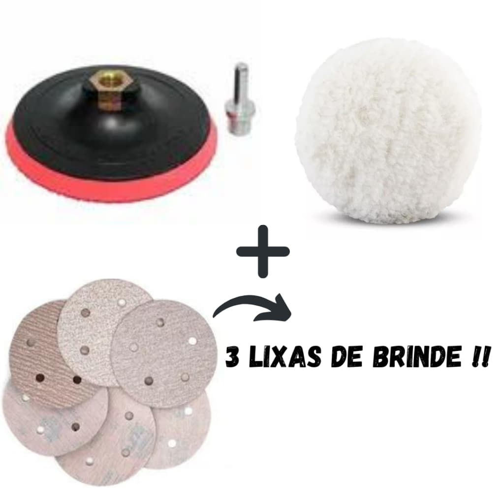 Kit Suporte C/ Base Aderente 125mm +1 Boinas De Lã Para Polimento Politriz e Furadeira  + 3 Discos de Lixa 125mm 5 Polegadas