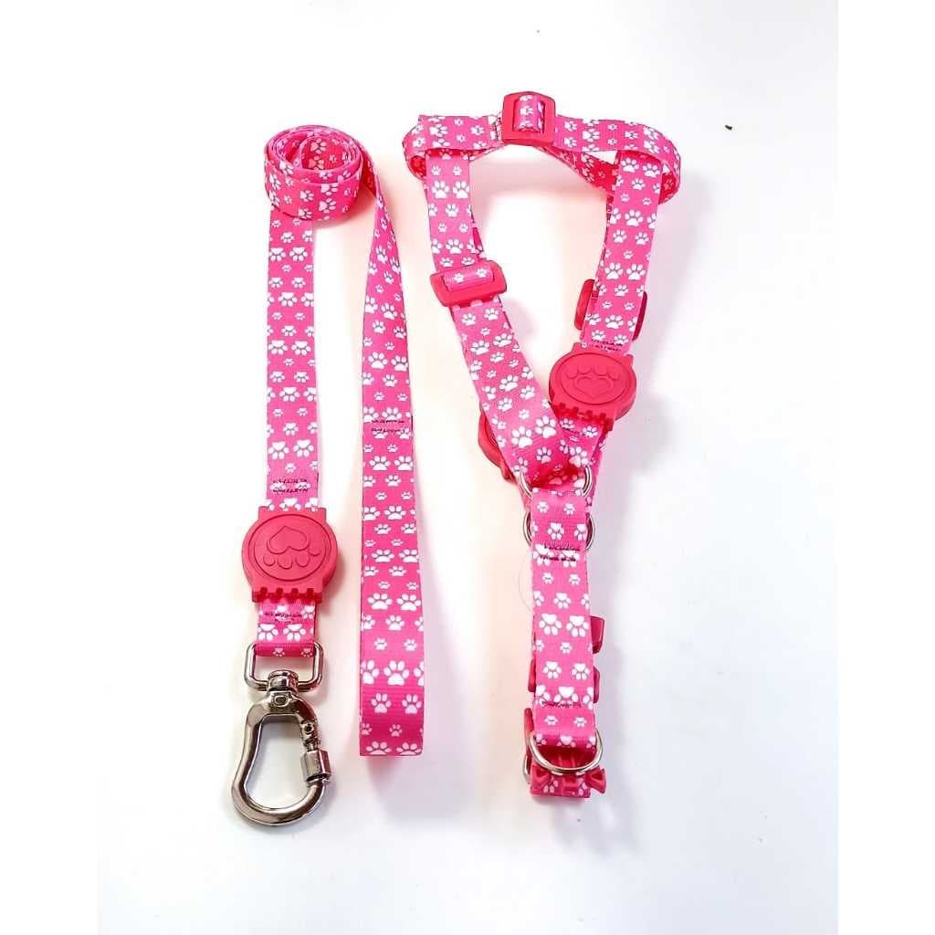 Coleira Peitoral Americano com Guia para Cachorro - Rosa patinhas