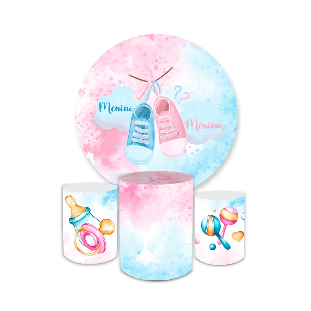 Kit Festa Capa Painel Redondo + Trio Capas de Cilindro Sublimados Tema Chá Revelação Infantil Decora