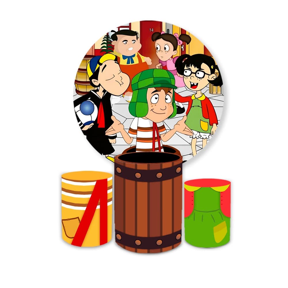 Kit Festa Capa Painel Redondo + Trio Capas de Cilindro Sublimados Tema Chavs Desenho Infantil Decorativo
