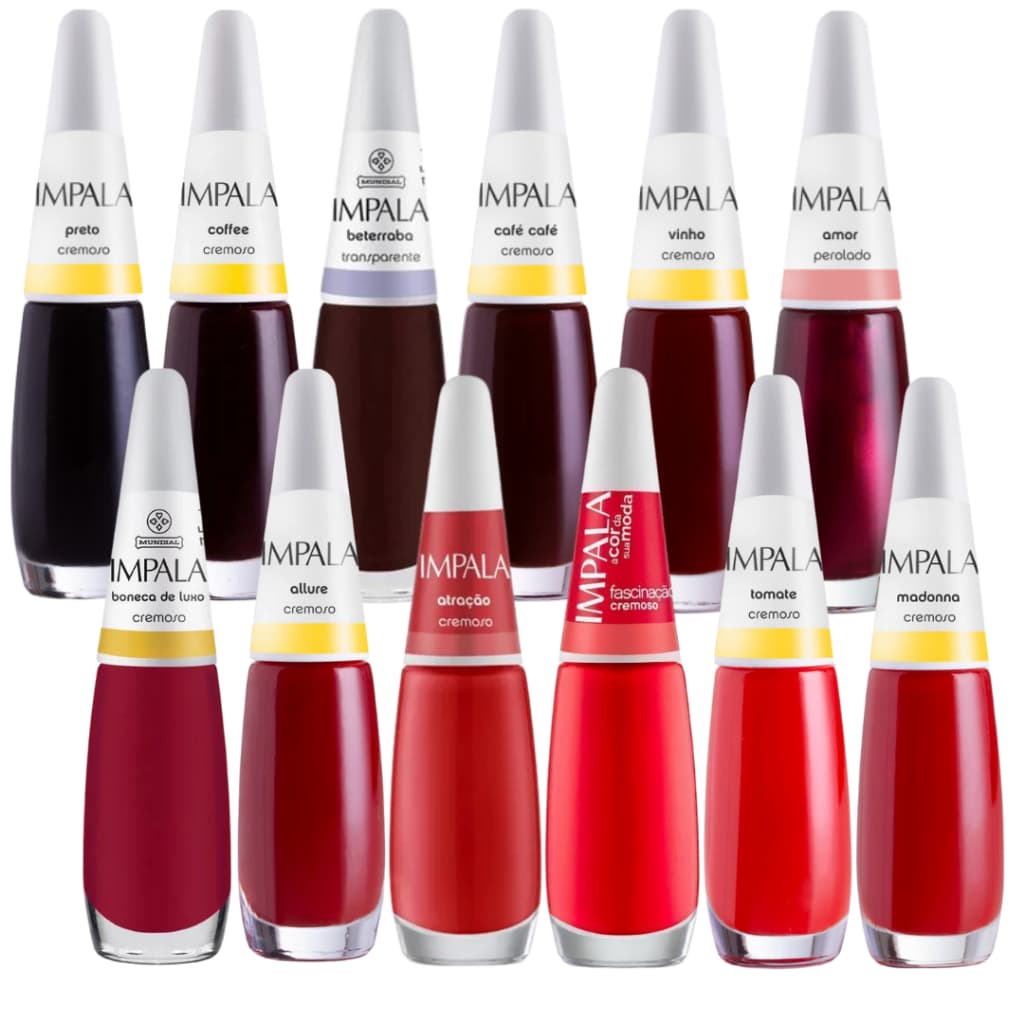 Kit 12 Esmaltes Impala Atacado Tons Vermelhos Manicure Completo