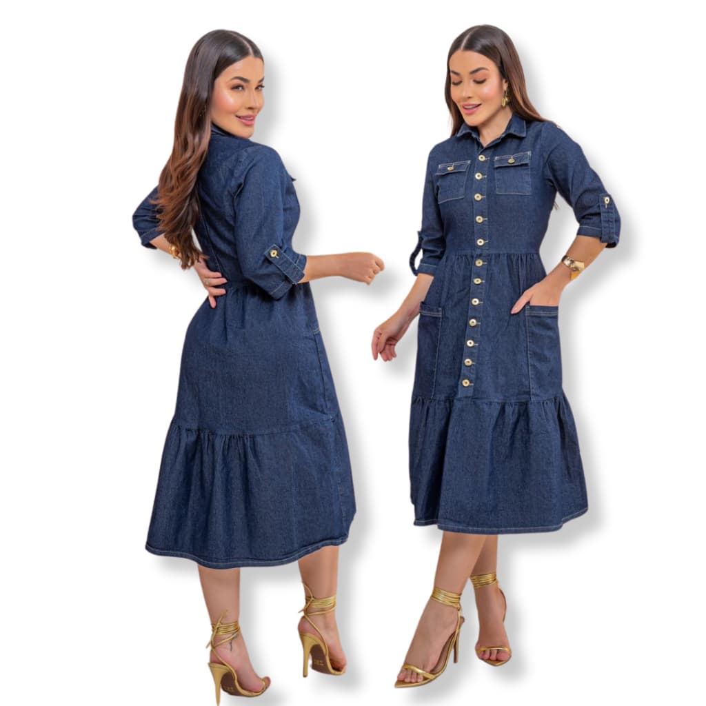 Vestido jeans midi moda evangélica soltinho com manga