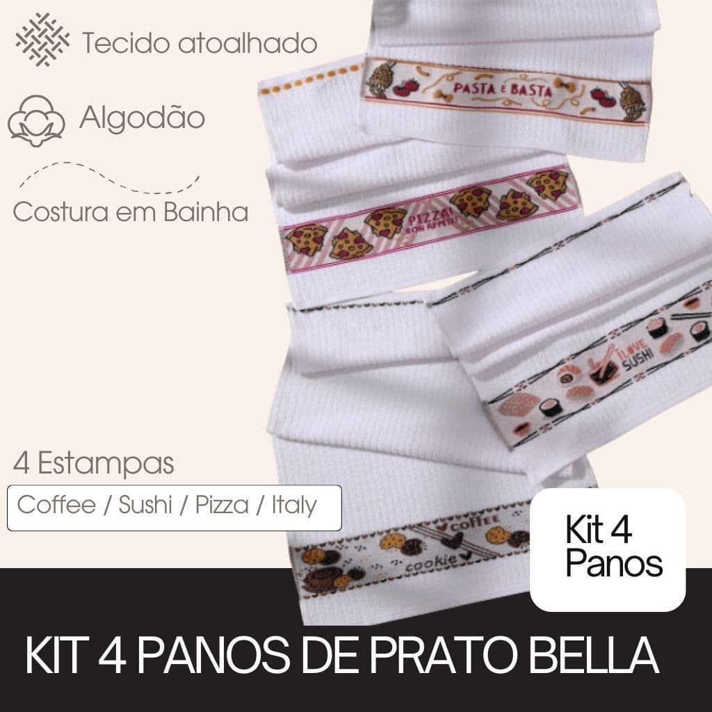 Pano de Prato Cozinha Copa Kit com 4 Unidades Algodão Atoalhado Bella