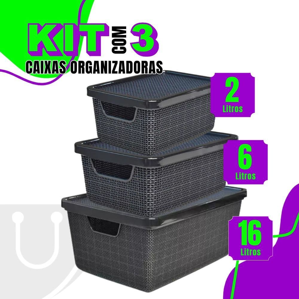 Kit 3 Caixas/cesto Organizador Jutta 2l, 6l E 16l Preto  Cesto Organizador Gavetas Guarda-Roupas Arm