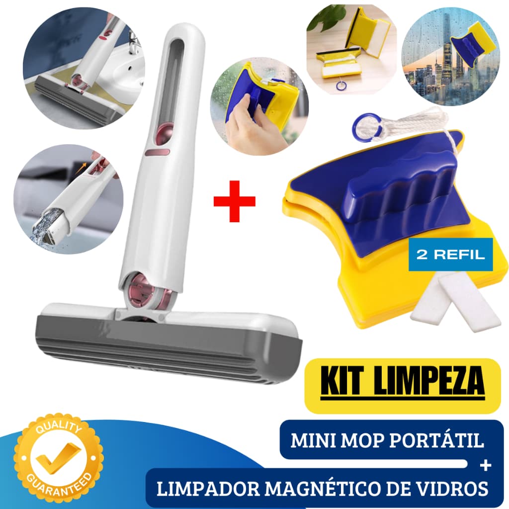 MOP Esfregão Limpeza Mini Portátil + Limpador de Vidros Magnético Janelas Rodo Mágico Imã 2 REFIL