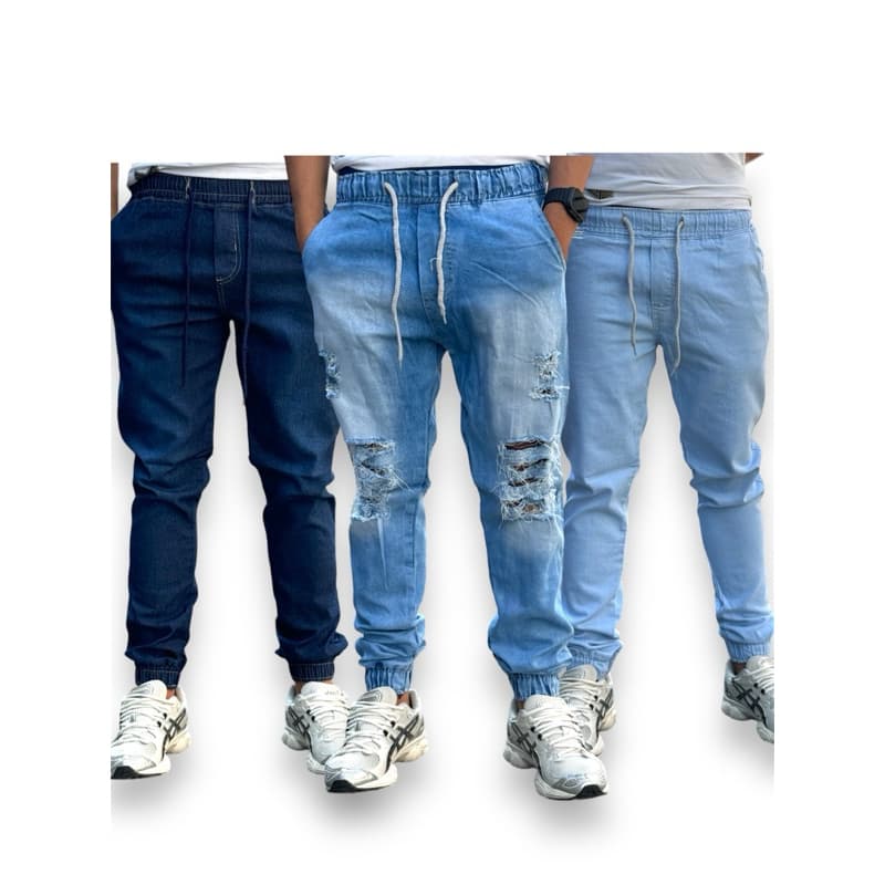 kit 3 calça jogger modelos variados rasgada e lisa lavagem moderna jeans premium