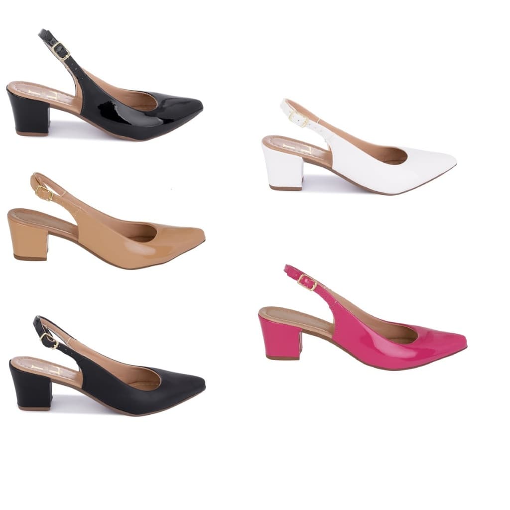 Sapato Scarpin Feminino Salto Bloco Slingback Fivela