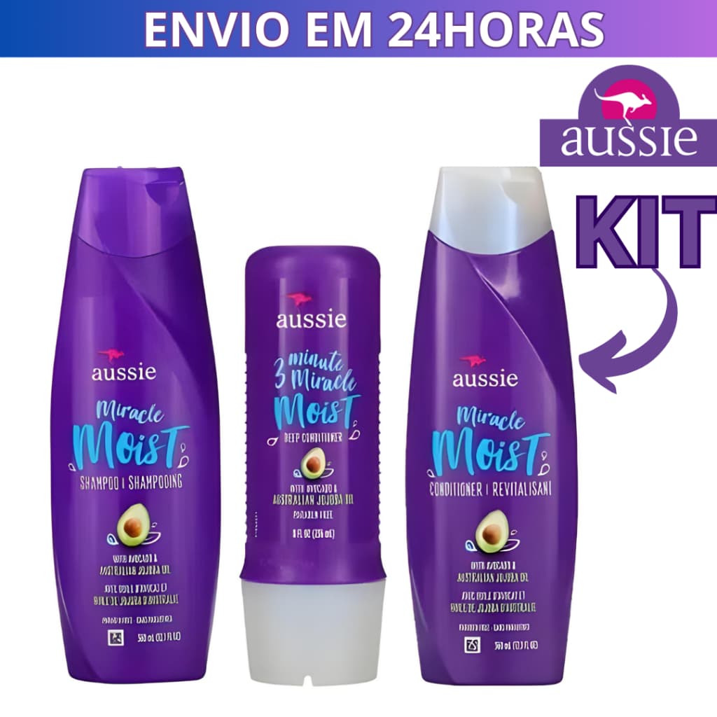 Kit Aussie Shampoo  Condicionador e Mascara 3 Minutos Miracle Moist