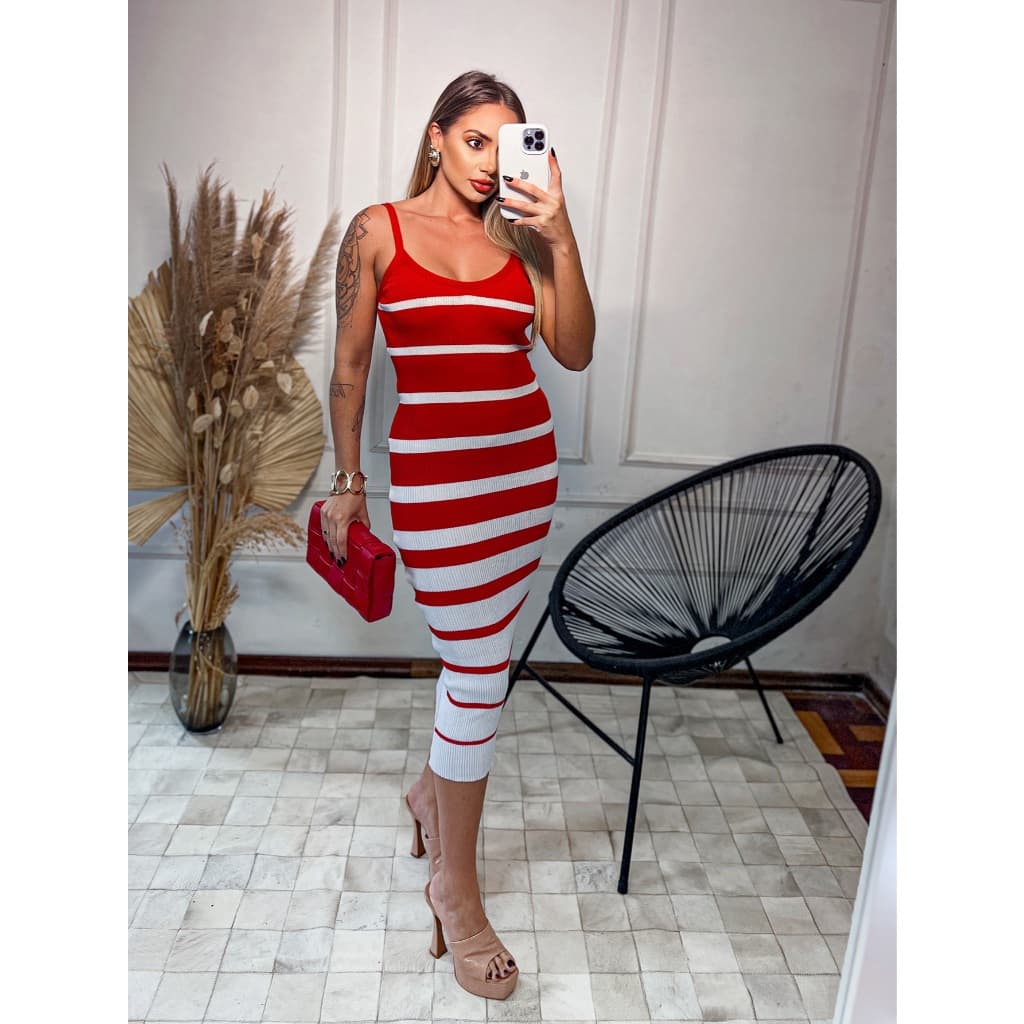 Vestido Feminino Tricô Listrado Mídi Canelado com Alça Decote V 36 ao 42 Lupinacci Tricot