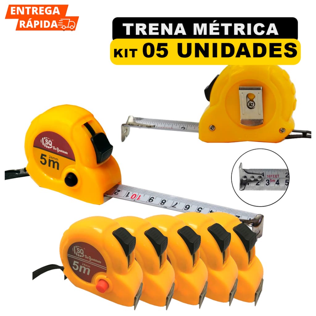 Kit Com 5 Trenas 5mX24m De Aço Inox Trena Com Travamento Preciso Para Serviços Em Casa E Obras Para Pedreiro