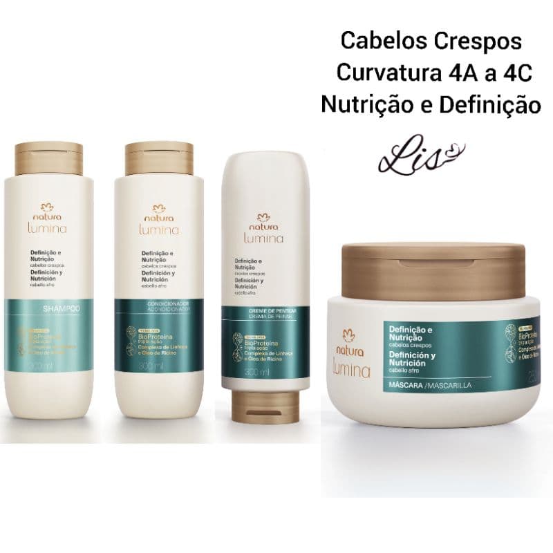 Cabelos Crespos 4A a 4C Nutrição e Definição Lumina Natura Shampoo Hidratante ou Condicionador ou Máscara ou Creme
