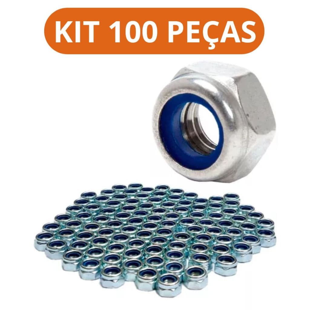 Kit 100 Peças Porca Sextavada Auto Travante Com Nylon Rosca Fina