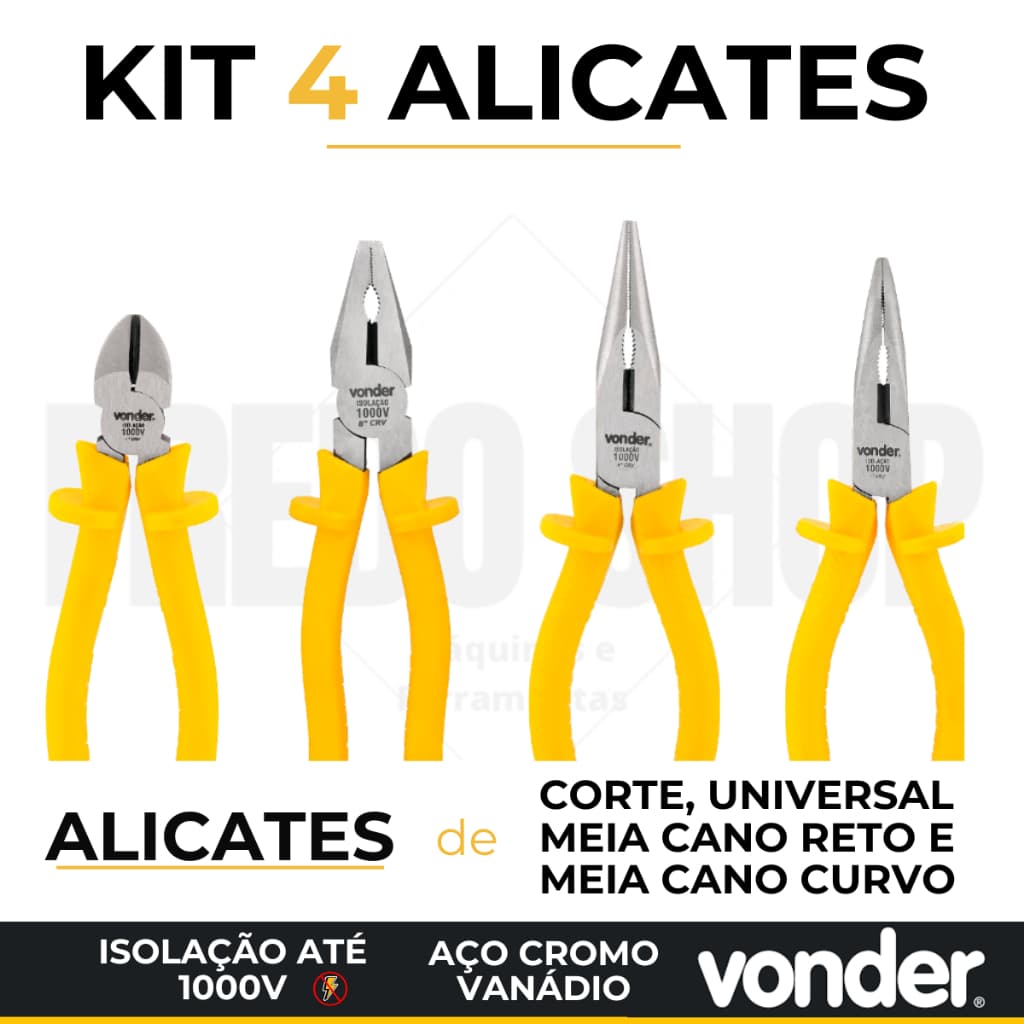 Kit 4 Alicates Vonder: Alicate Corte diagonal, Universal, Bico meia-cana reto e Bico meia cana curvo