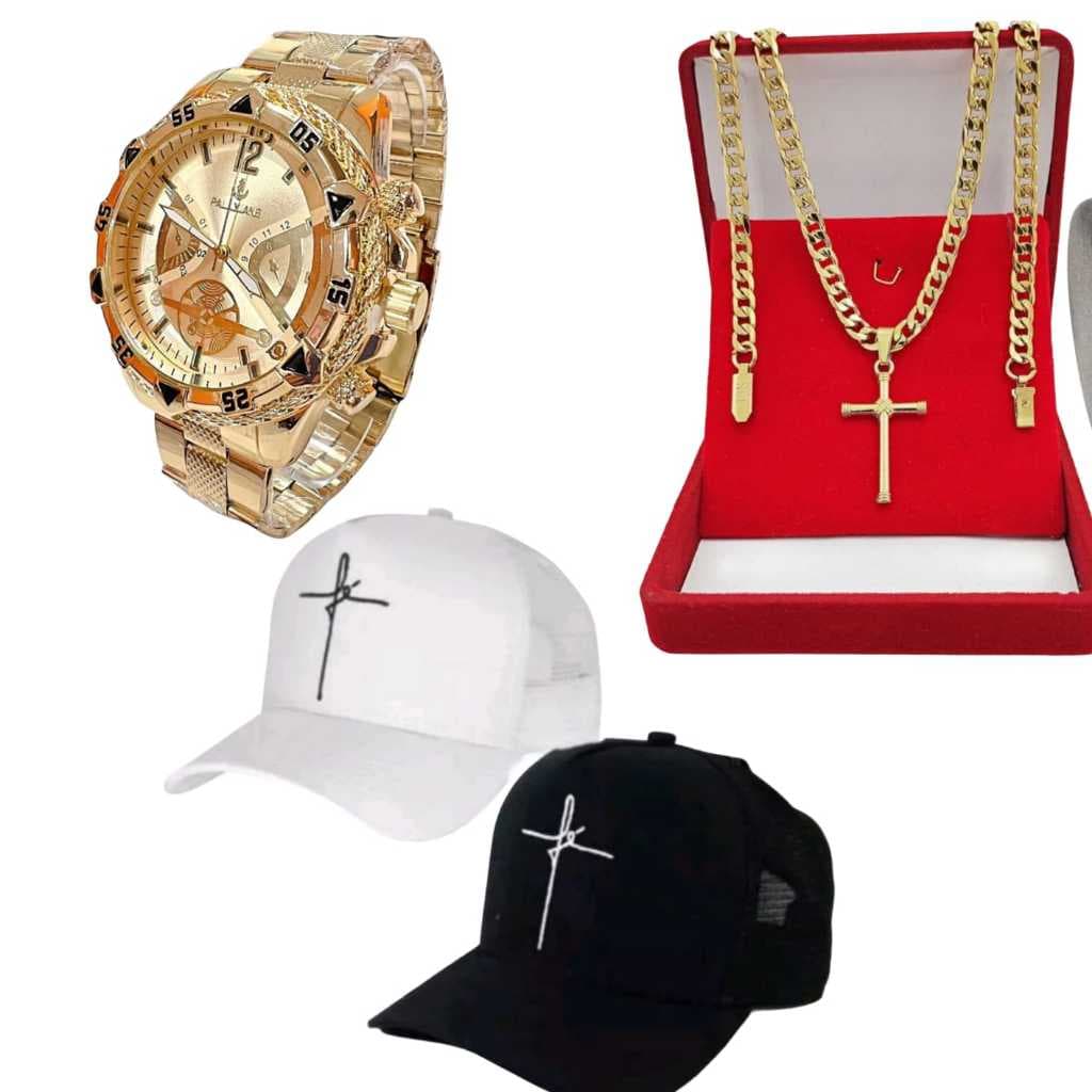 Kit Masculino Relogio Aço Dourado + colar cruz + bone masculino fé
