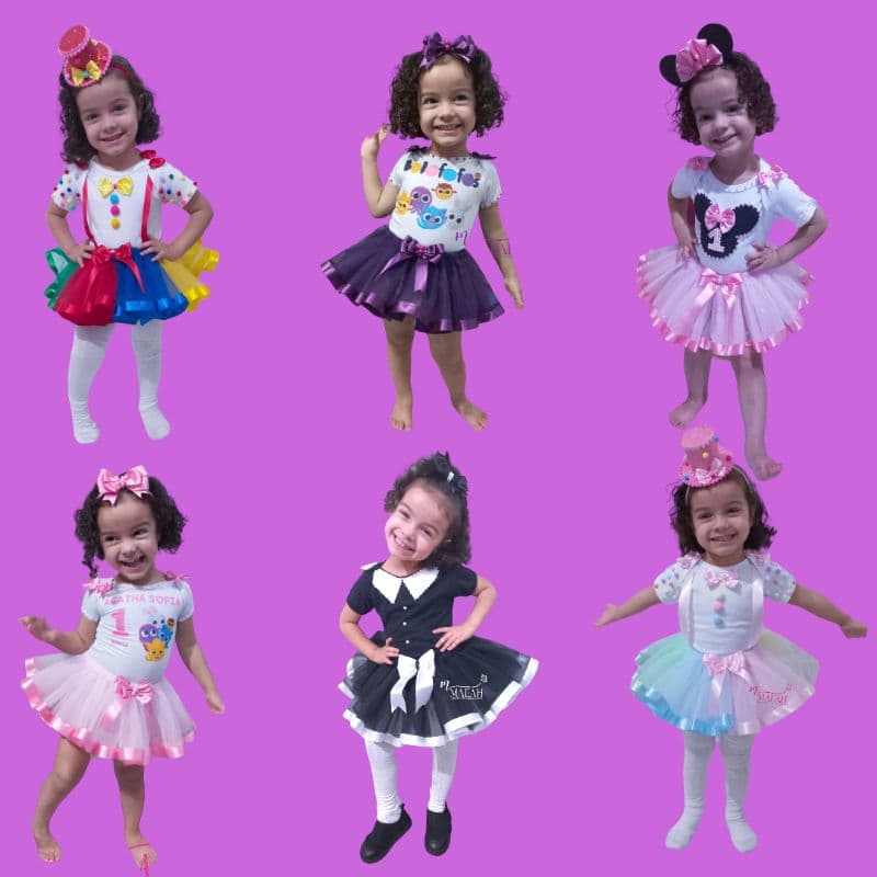 Fantasia Adulto e Infantil 6,8,10 e 12 anos Body Personalizado Saia de Tutu e laço de cabelo Varios Temas