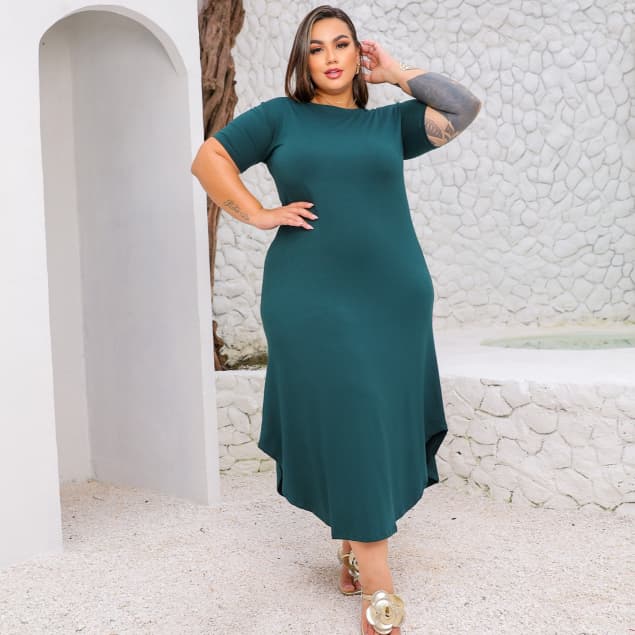 Vestido Festa  Evangelico Longo Plus Size Saruel Comprido Midi Basico Verão Manga Curta Gola Canoa