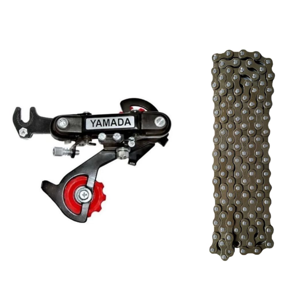 Kit Cambio Traseiro C/ Gancheira Yamada 7v E Corrente 116 Elos Fina 7 Velocidades Para Bike Bicicleta Mtb Aro 26 -29