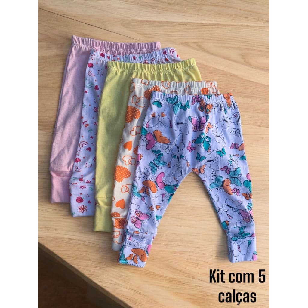 Kit 5 Pçs Mijão Calça Malha Menina Menino 100% Algodão Vira Pé