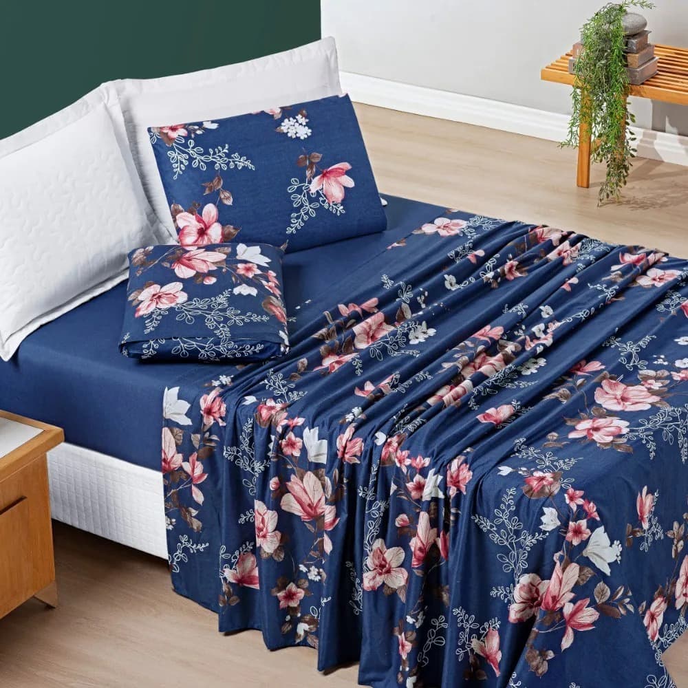 Jogo Lençol 400 Fios Completo 4 Peças Com Elástico Avere Casal Queen King Solteiro 3 Peças Toque Macio Estampado Floral