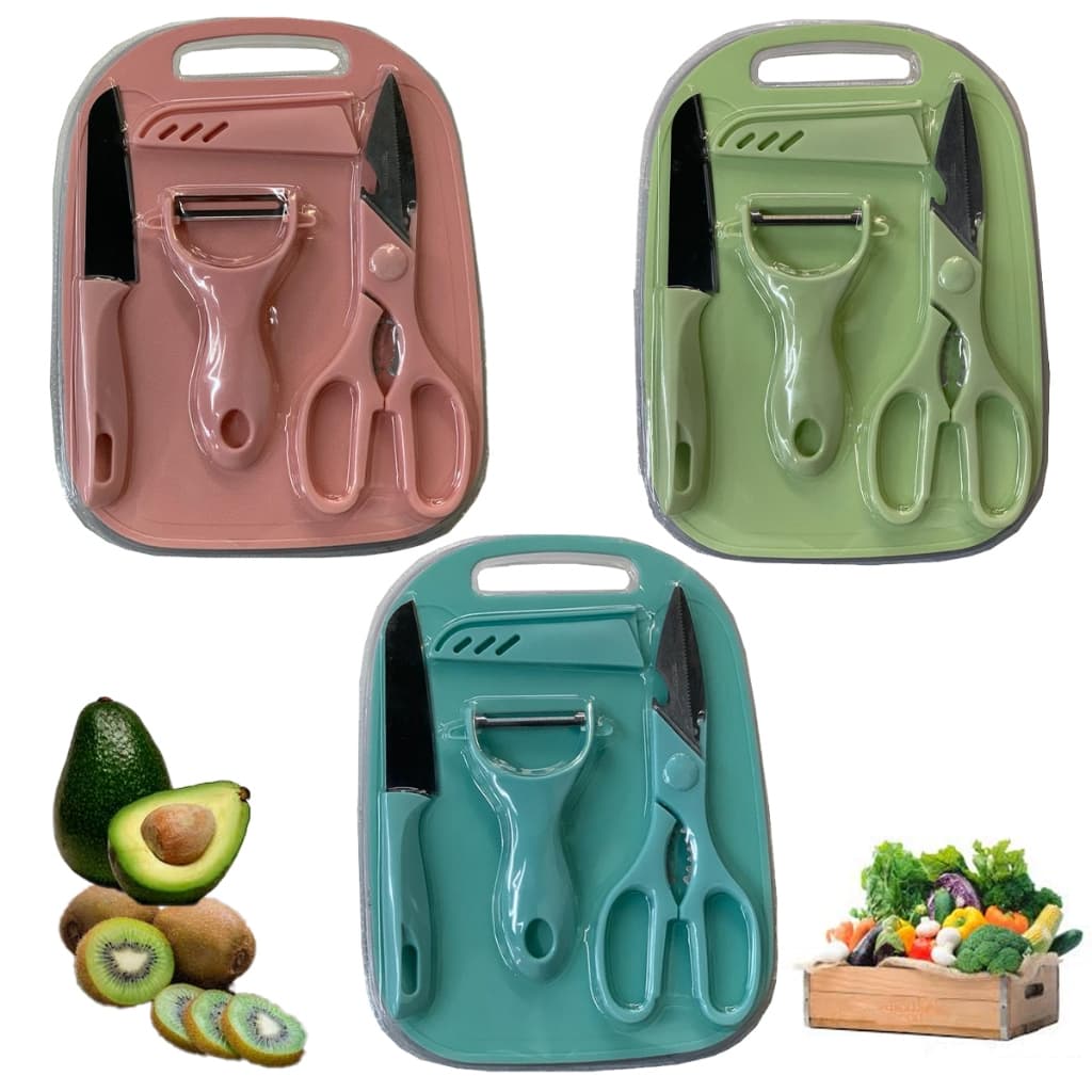 Kit  Cozinha Facas  de Aço Inoxidável Tesoura Descascador Tábua Coloridos 04 Peças