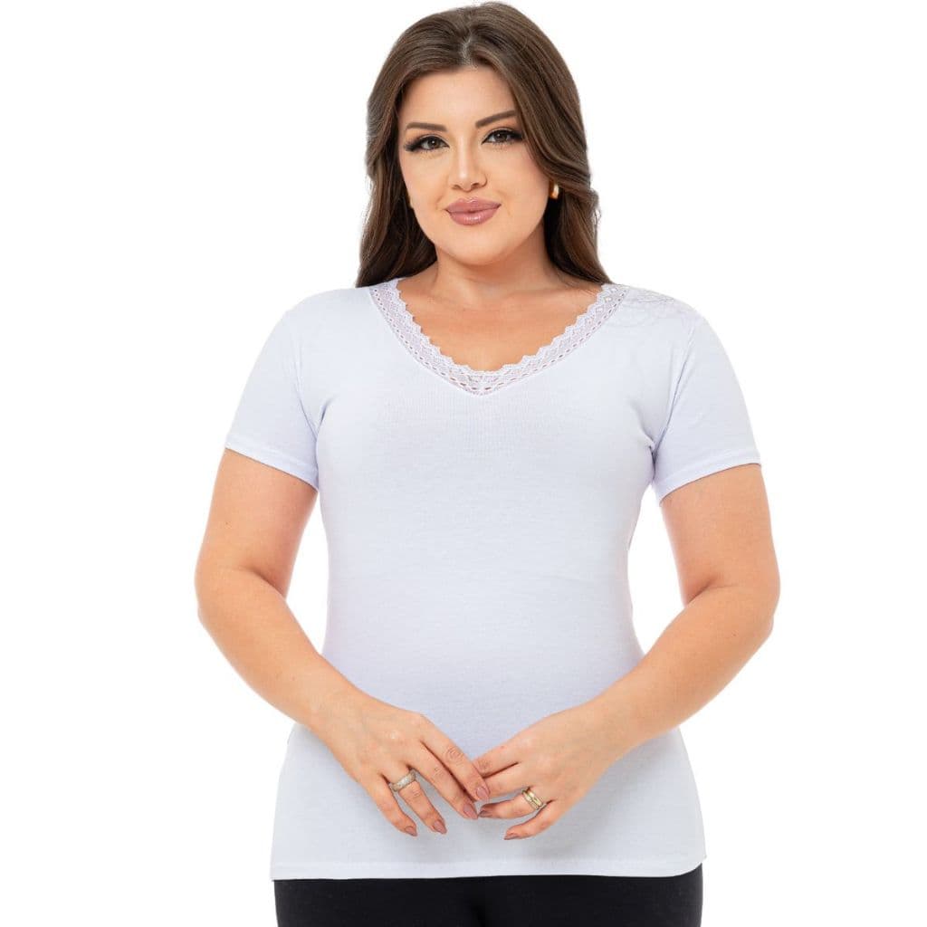Blusa Feminina Em Malha Gola V Com Renda Camiseta Blusinha Moda Feminina Diário Casual  Verão