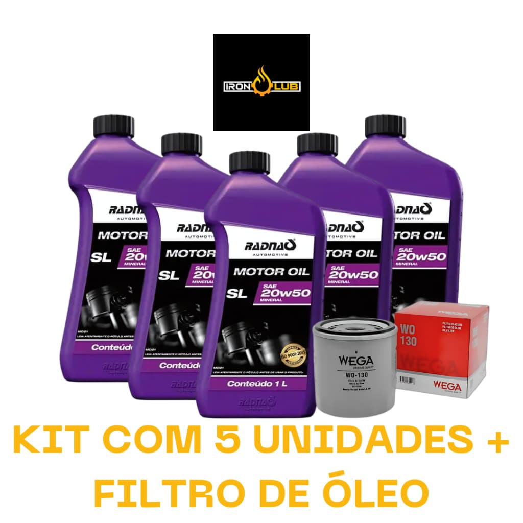 KIT 5 LITROS ÓLEO MOTOR OIL RADNAQ 20W50 MINERAL + 1 FILTRO WO130
