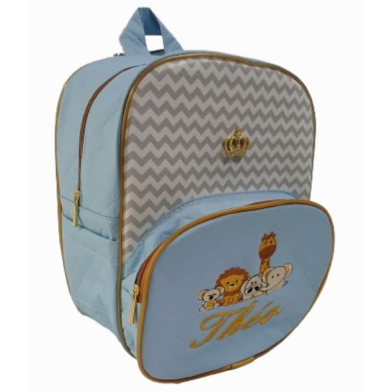 Mochila Personalizada Azul  Claro com dourado  safari