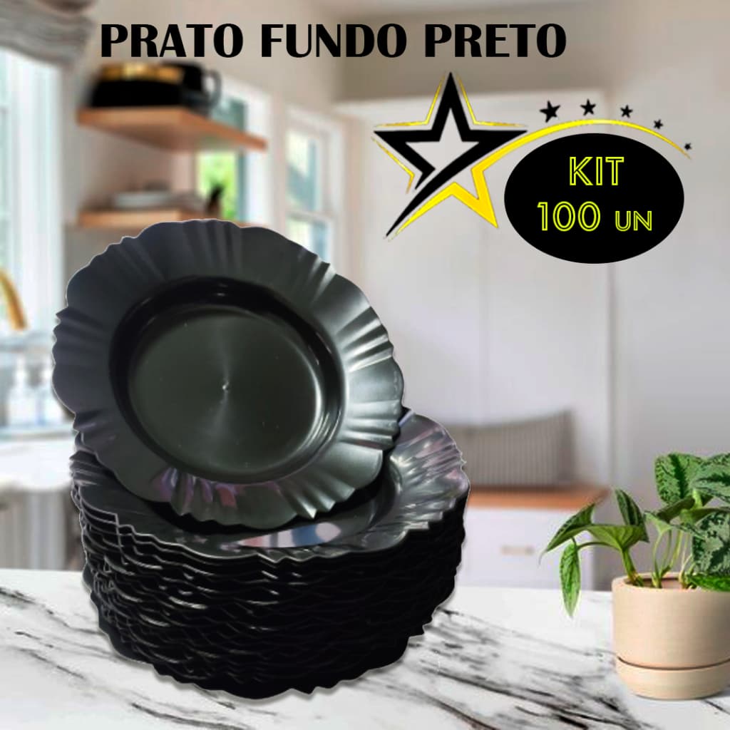 KIT PRATOS FUNDO PÉTALA (PRETO) PLÁSTICO REFEIÇÃO JANTAR CHURRASCO FESTA