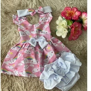 Conjunto Menina Bebê Carinho Temático Chuva de Amor +Laço de Cabelo +Calcinha