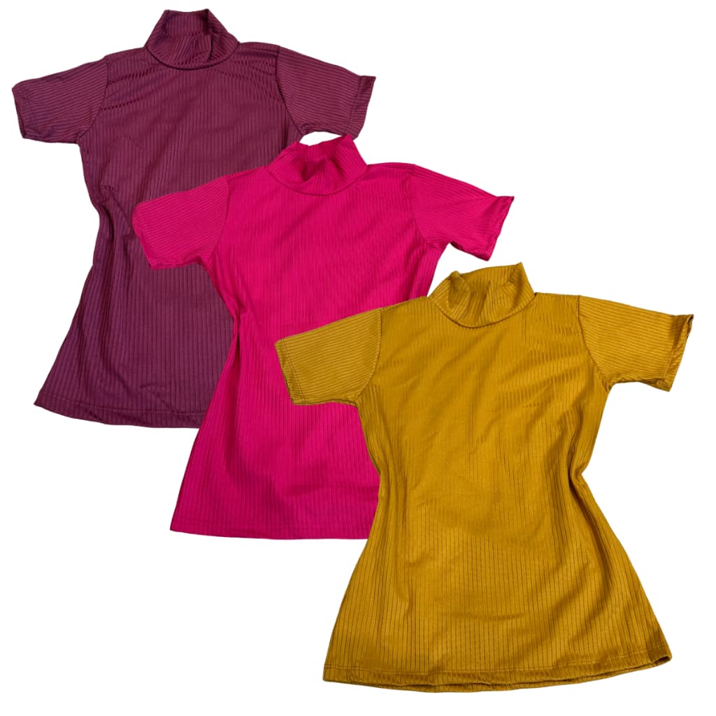 KIT 3 Blusa Blusinha T Shirt Feminina Canelada Gola Alta Manga Curta Blusinha Look Moda Verão