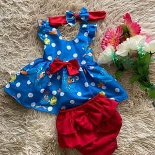 Conjunto Menina Bebê Carinho Galinha Pintadinha Azul +Laço de Cabelo +Calcinha