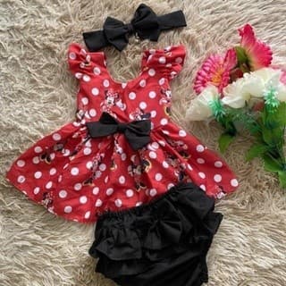 Conjunto Menina Bebê Carinho Minnie Vermelha +Laço de Cabelo +Calcinha