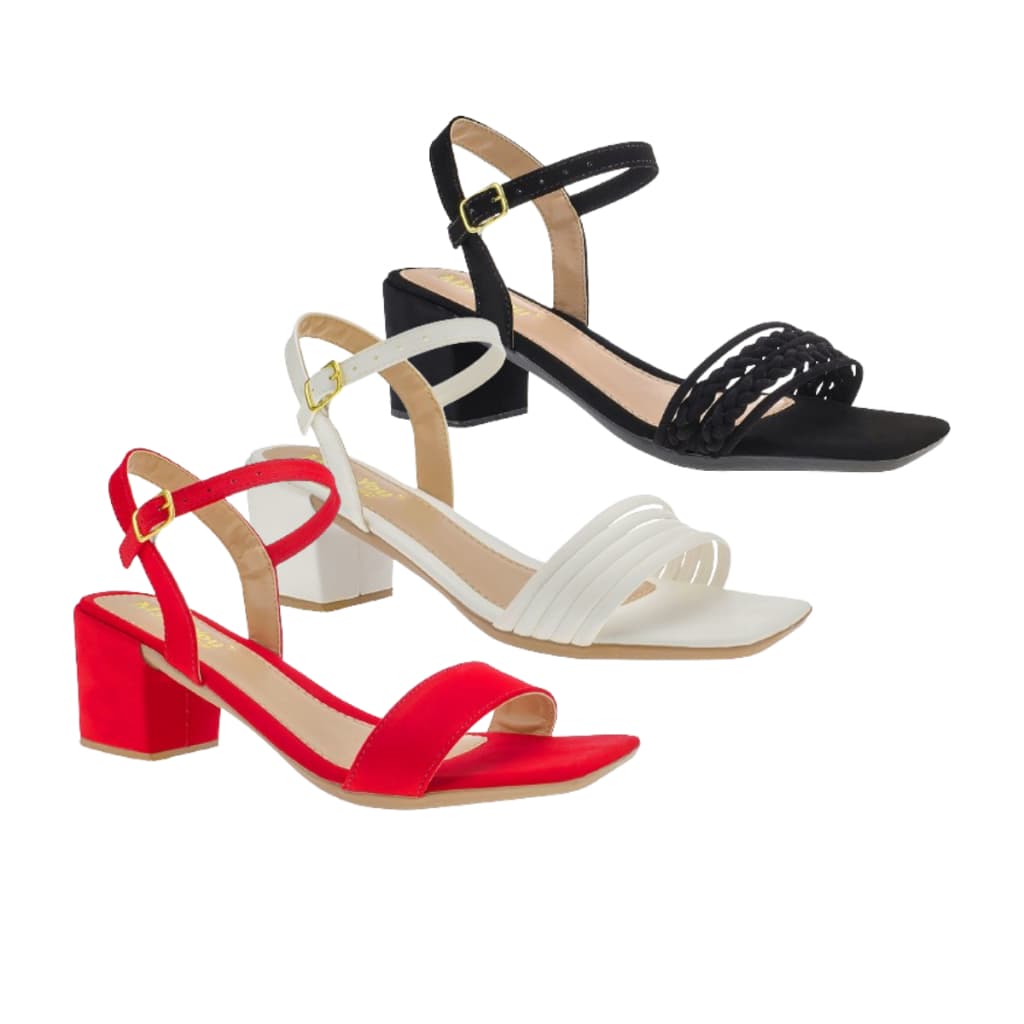 Kit Sandália Feminina Salto Baixo Grosso Bico Quadrado Tiras Moda