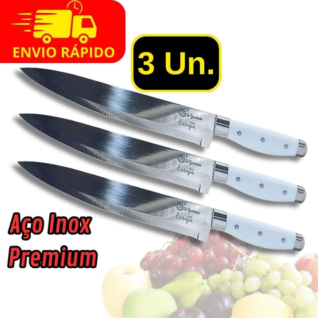 Kit 3 Faca Aço Inox 8 Polegadas 34cm Line Utensilio Carnes Legumes e Frutas Cozinha Chef