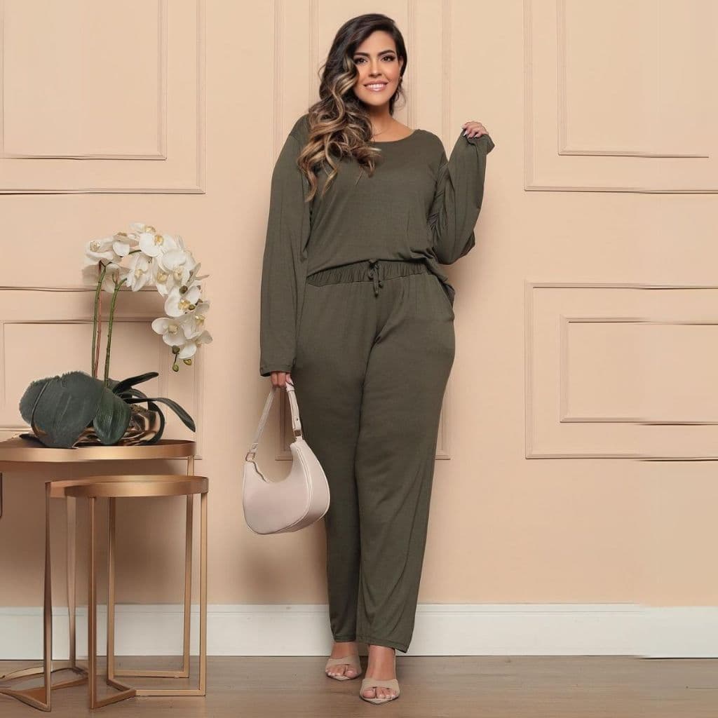 Conjunto Feminino Plus Size Moda Confortável Lisa Premium Moderno Luxo Calça e Blusa
