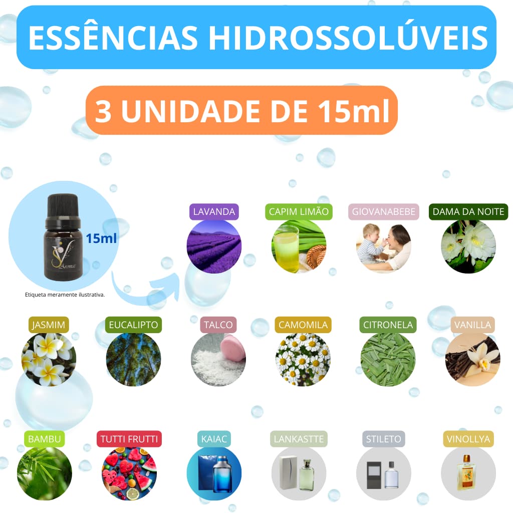 Kit 3 Essências 15ml Para Aromatizador e Difusor Elétrico a Base de Agua Hidrossolúvel