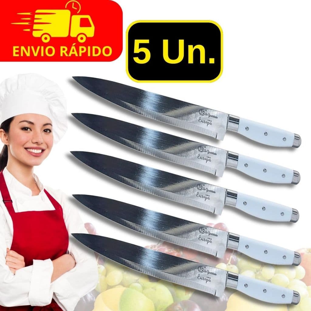Kit 5 Faca Aço Inox 8 Polegadas 34cm Line Utensilio Carnes Legumes e Frutas Cozinha Chef