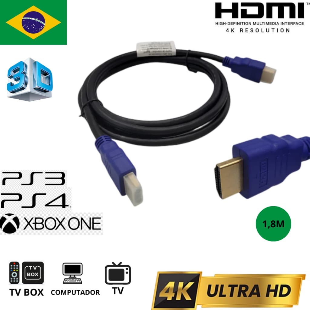 Cabo HDMI  2.0 resuluçao em 4k 1,8 metros