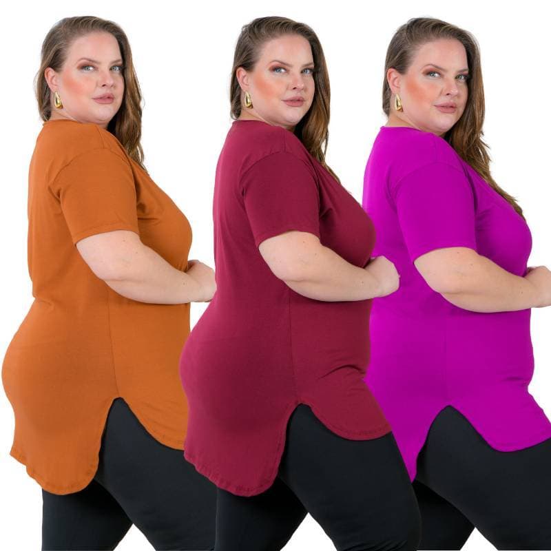 Kit com 3 Blusas Femininas Cores Sortidas Plus Size Moda Fitness