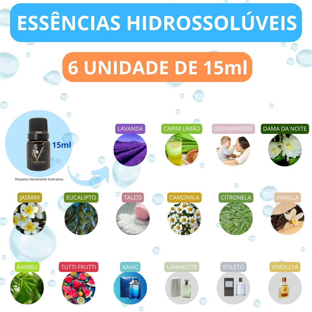 Kit 6 Essência para aromatizador difusor umidificador de ambientes hidrossolúvel a base de água 15ml