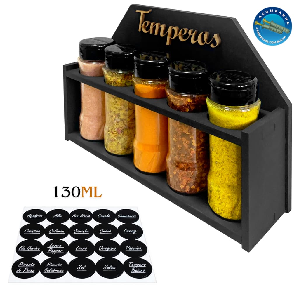 Porta Tempero Condimentos com 5 Potes 130ml Tampa Dosadora Dupla Suporte para Parede MDF 6MM