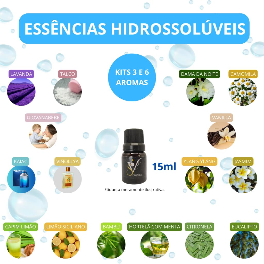 Kits 3 e 6 Essências Base de Água Hidrossolúvel Umidificador, Aromatizador, Difusor, Concentrada