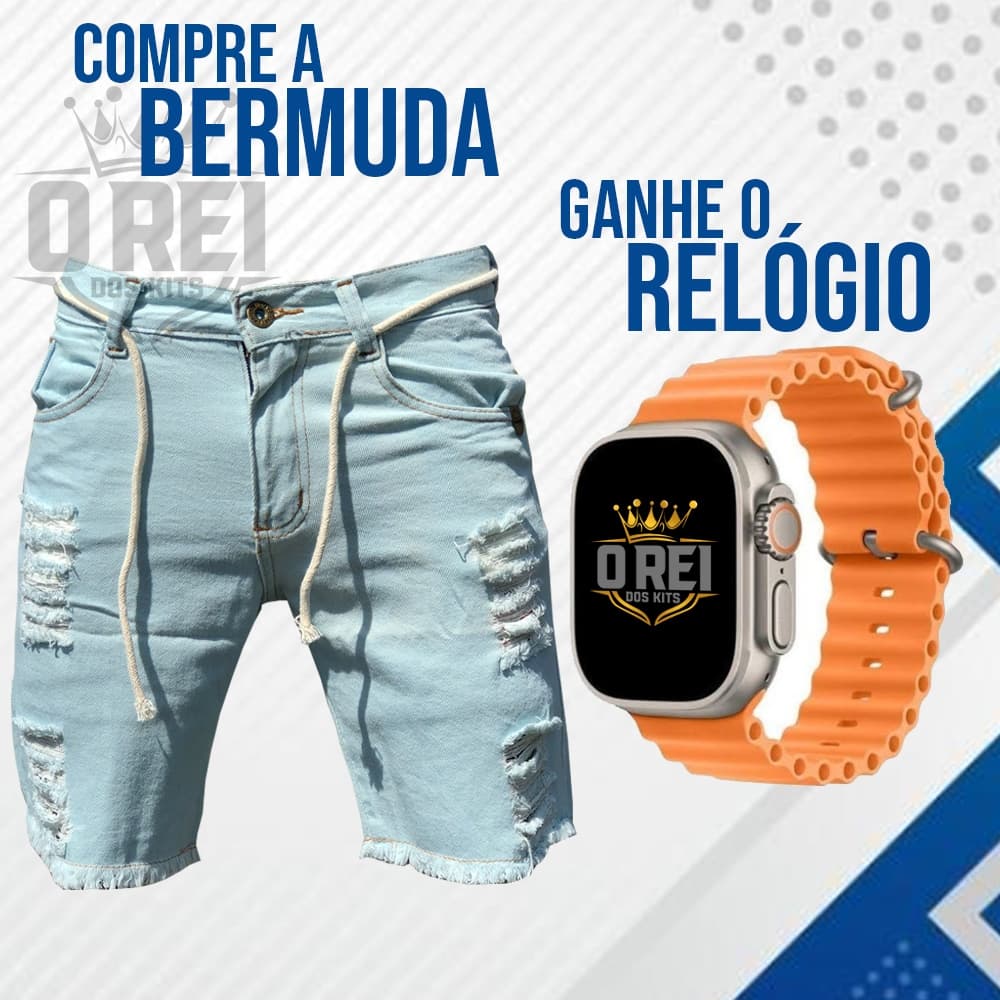 Kit Masculino Bermuda Jeans Clara Rasgada Short Masculino Rasgado + Relógio Esportivo A Prova D'Água