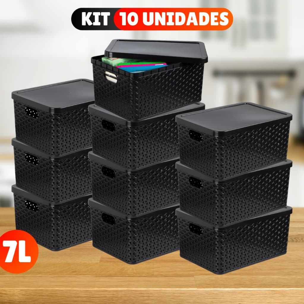 Kit Com 10 Cesto Caixa Organizadora Rattan Com Tampa  7 Litros Preto
