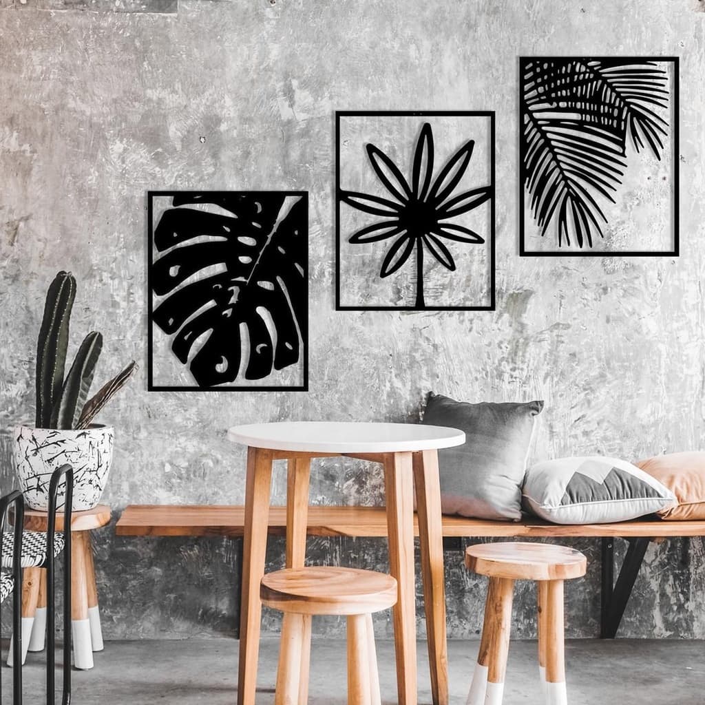 KIT 3 Quadros Decorativos Folhas Mostera MDF Vazado Preto