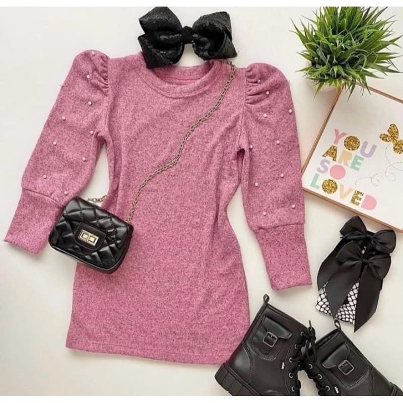 Vestido Infantil Manga Bufante com Pérolas Lanzinha Moda Inverno Menina